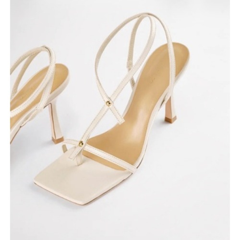 Tony Bianco Lilly Sandal Cream Square Toe Strappy Stiletto Heels Gold Stud 7